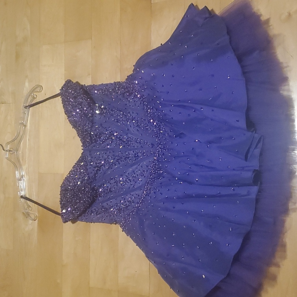 May Queen Purple Beaded Strapless Formal Short Dress 14